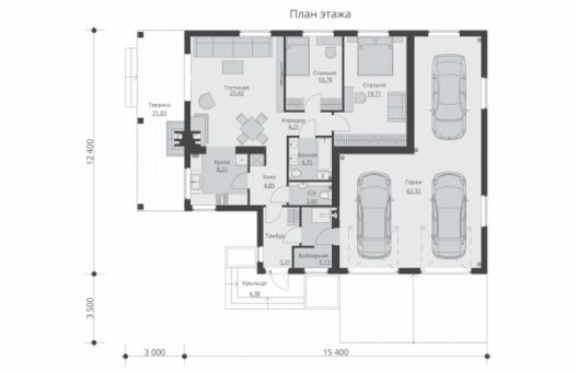 Проект одноэтажного жилого дома с террасой и гаражом